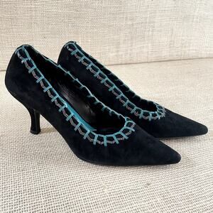 Vero Cuoio Black Suede Heels, Turquoise and Grey Leather Detail, Ladies 7.5 Wide